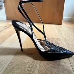 Christian Louboutin Black Leather Woven Strappy Pointed Stiletto Heels